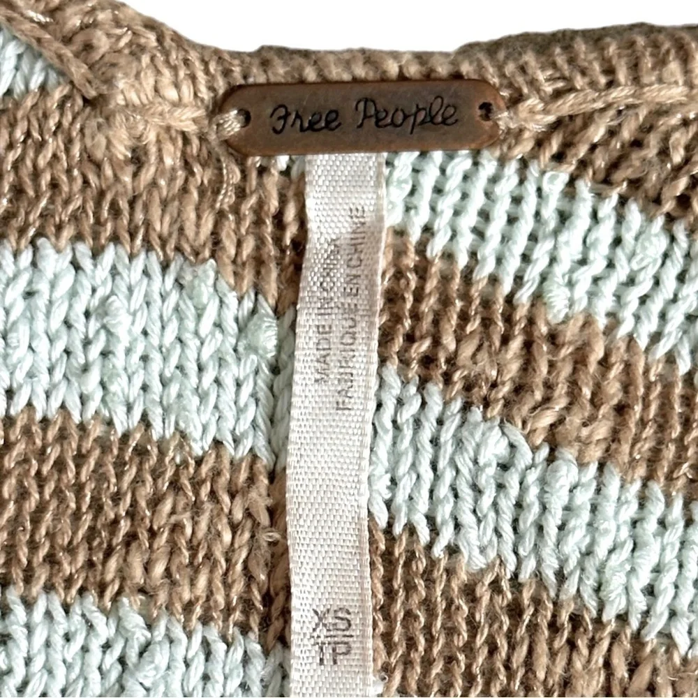 Free People Boucle Knit Flowy Boho Stripe Tan Mint Tunic Sweater Size XS L/S